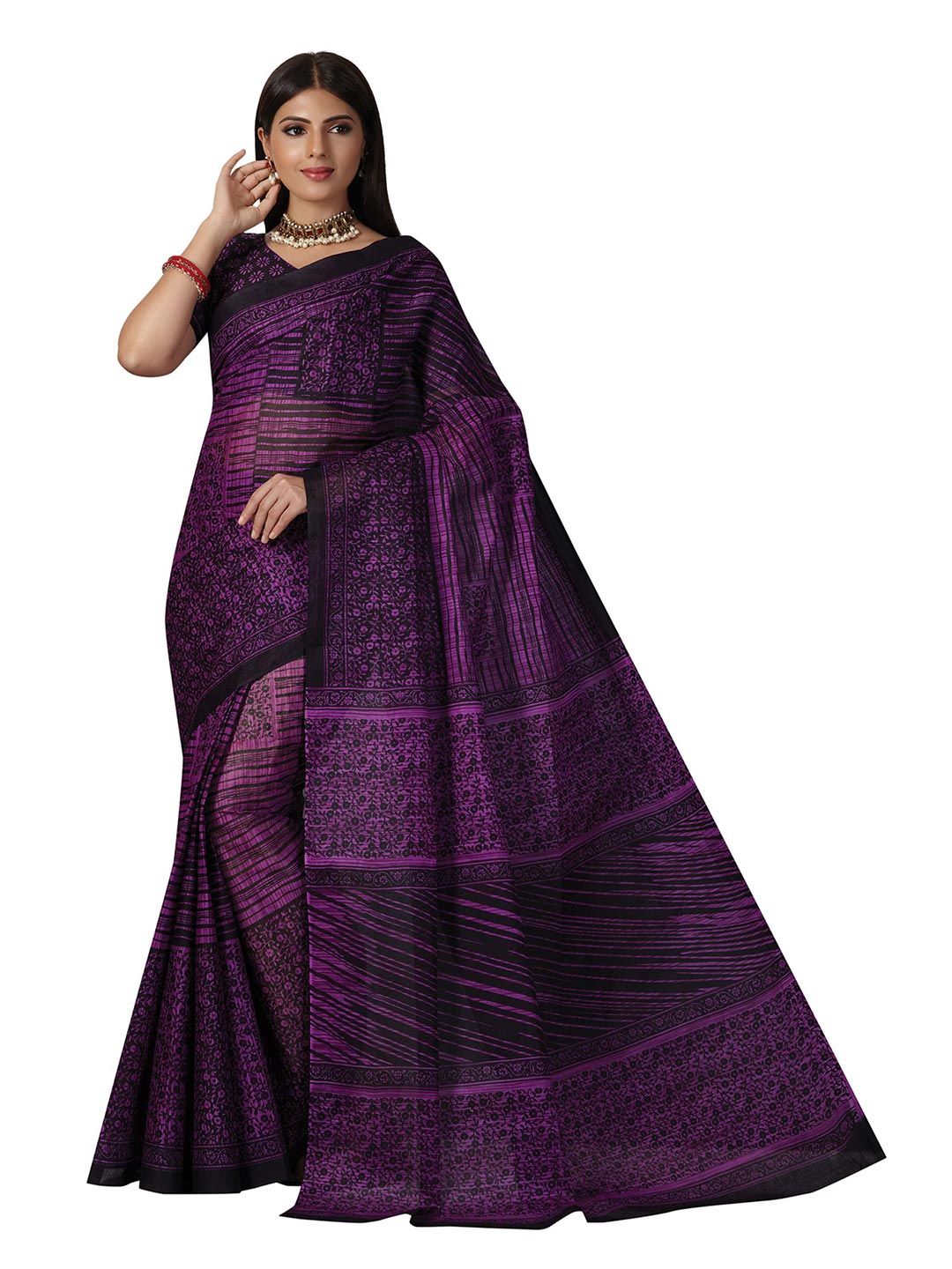SHANVIKA Purple & Black Floral Pure Cotton Block Print Saree Price in India