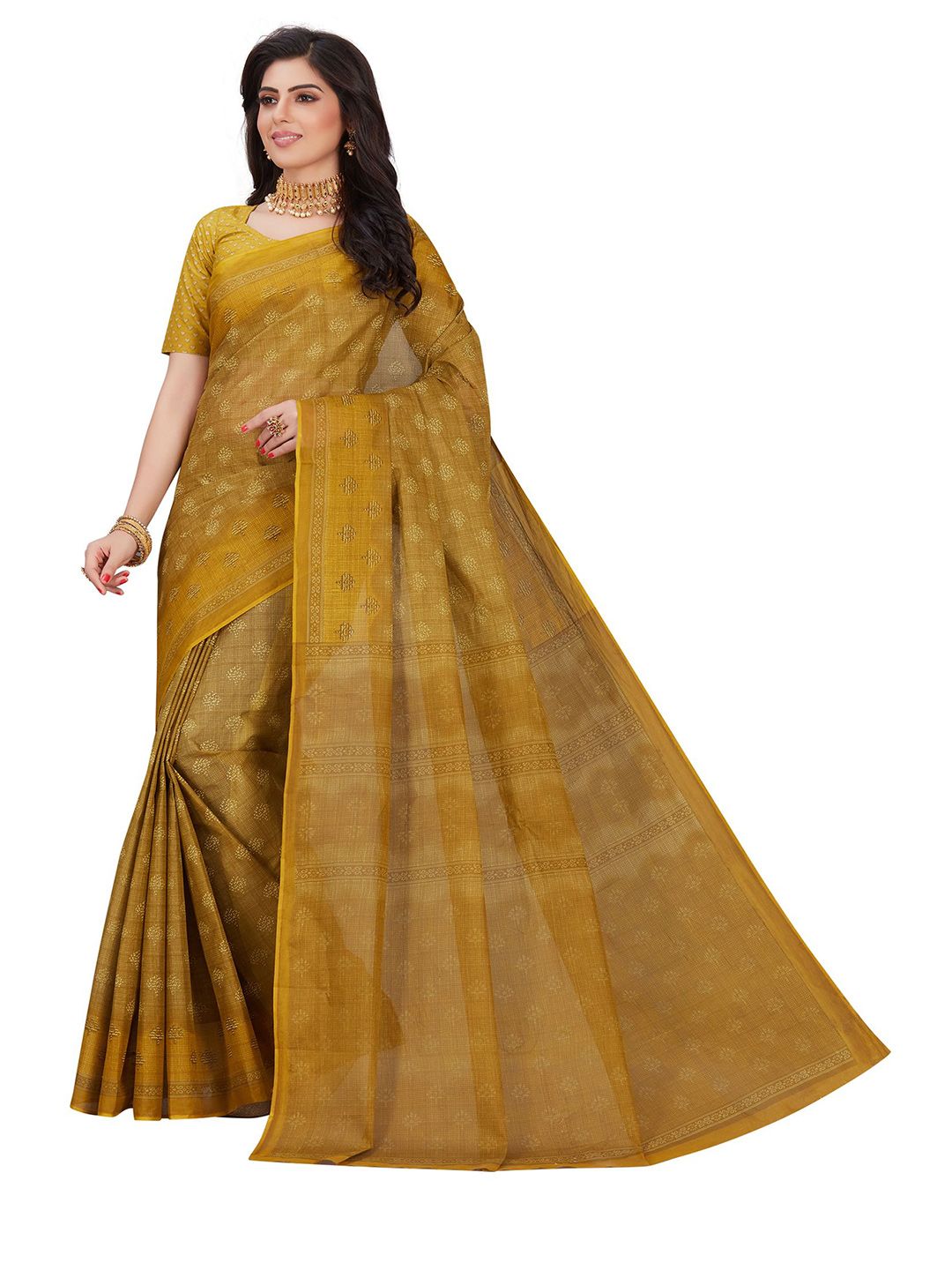 SHANVIKA Mustard Ethnic Motifs Pure Cotton  Block Print Saree