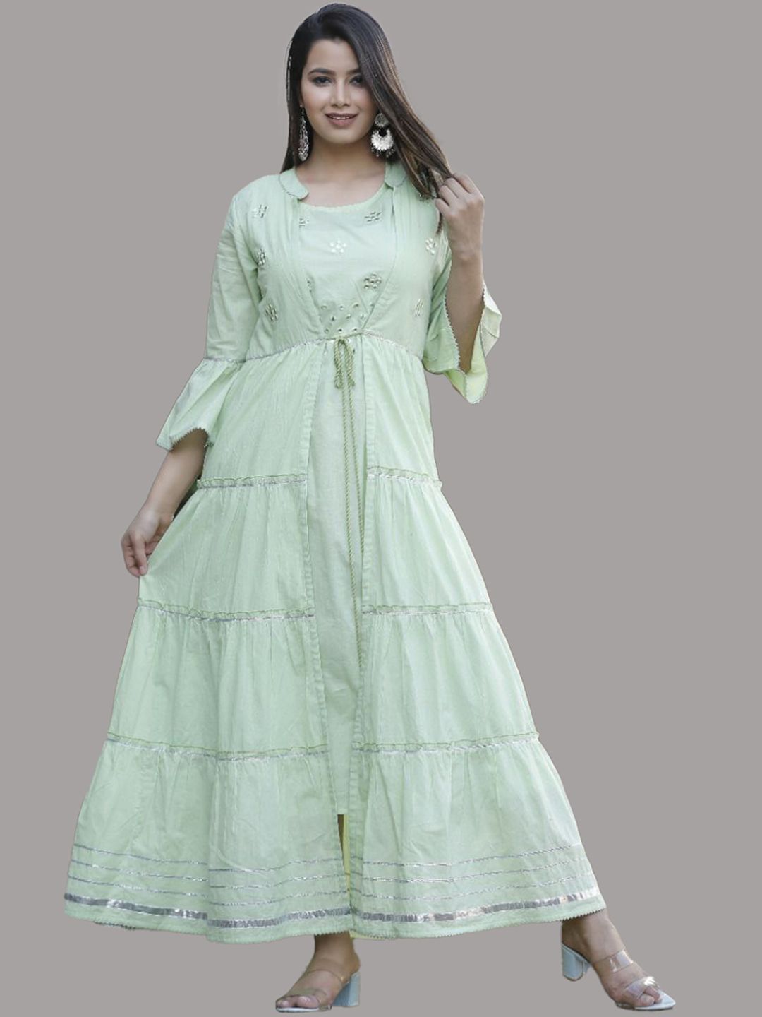 KALINI Women Green Flared Sleeves Gotta Patti Floral Anarkali Kurta Price in India