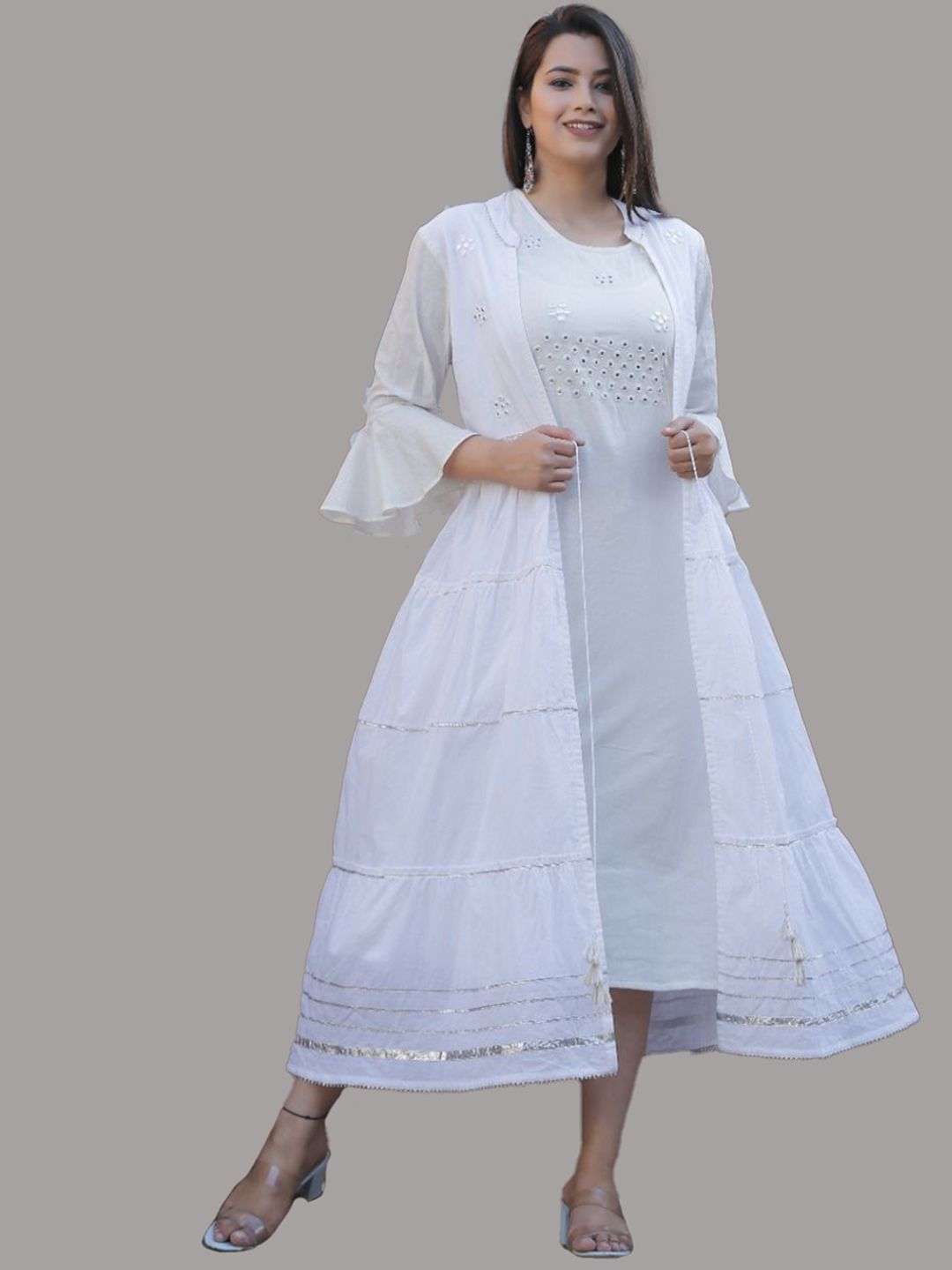 KALINI Women White Flared Sleeves Thread Work Floral Anarkali Kurta Price in India