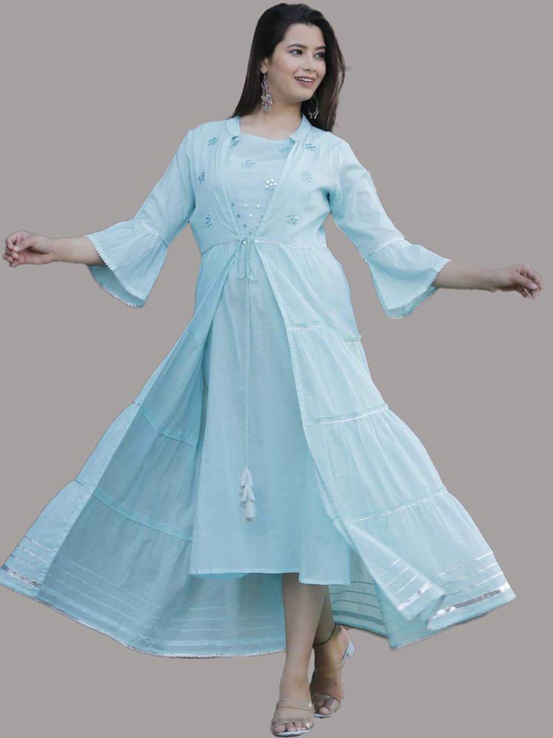 KALINI Women Blue Flared Sleeves Thread Work Floral Kurta Price in India