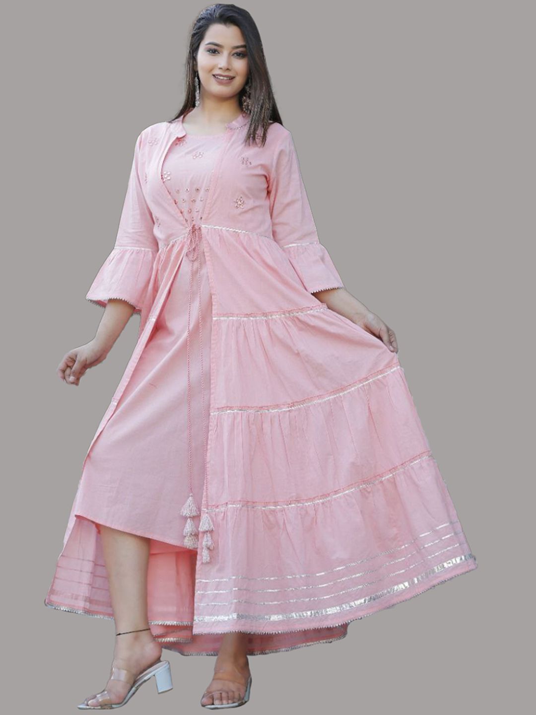 KALINI Women Peach-Coloured Embellished Flared Sleeves Floral Anarkali Kurta Price in India