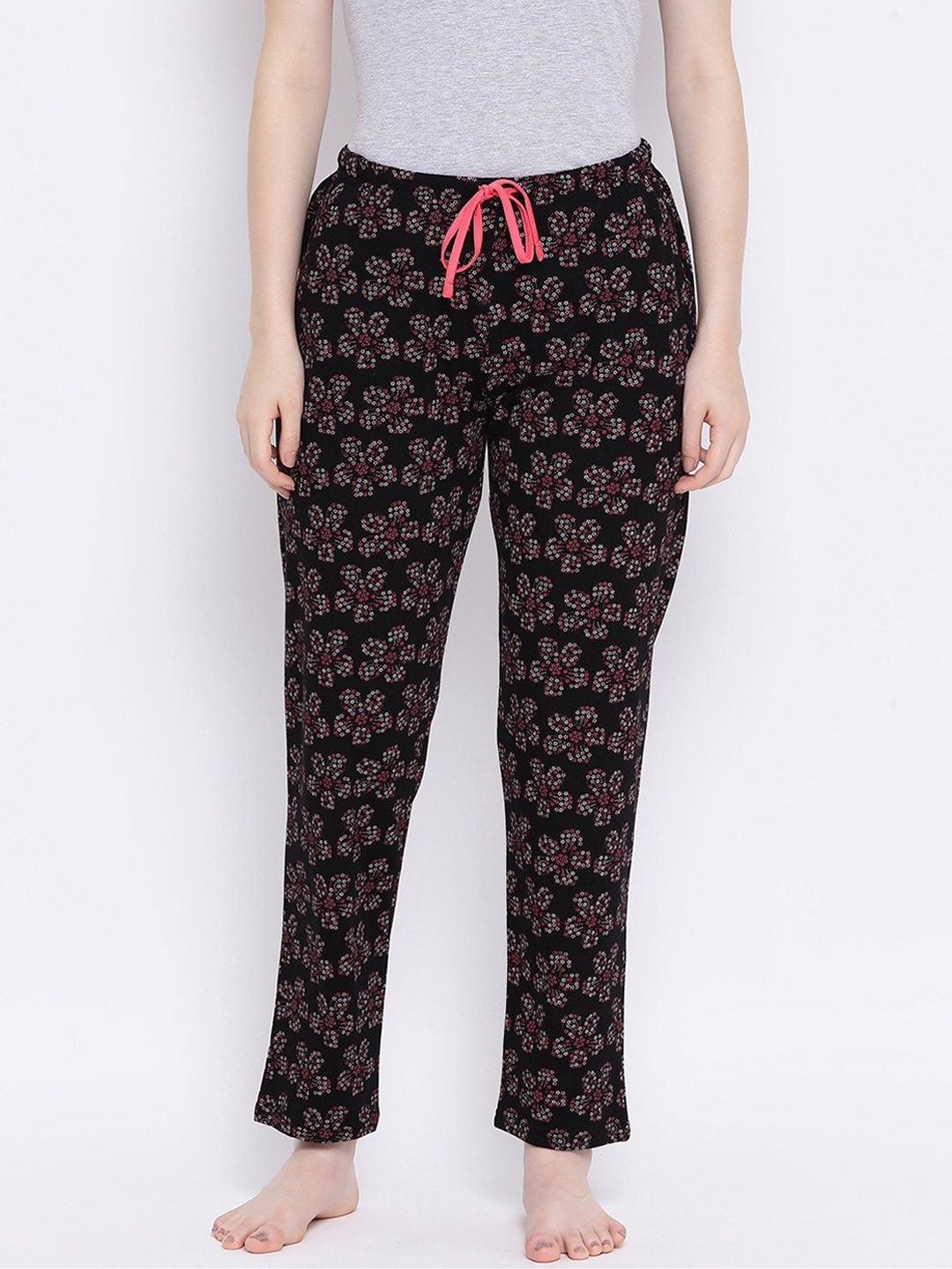 Kanvin Women Black Floral Printed Cotton Lounge Pants Price in India