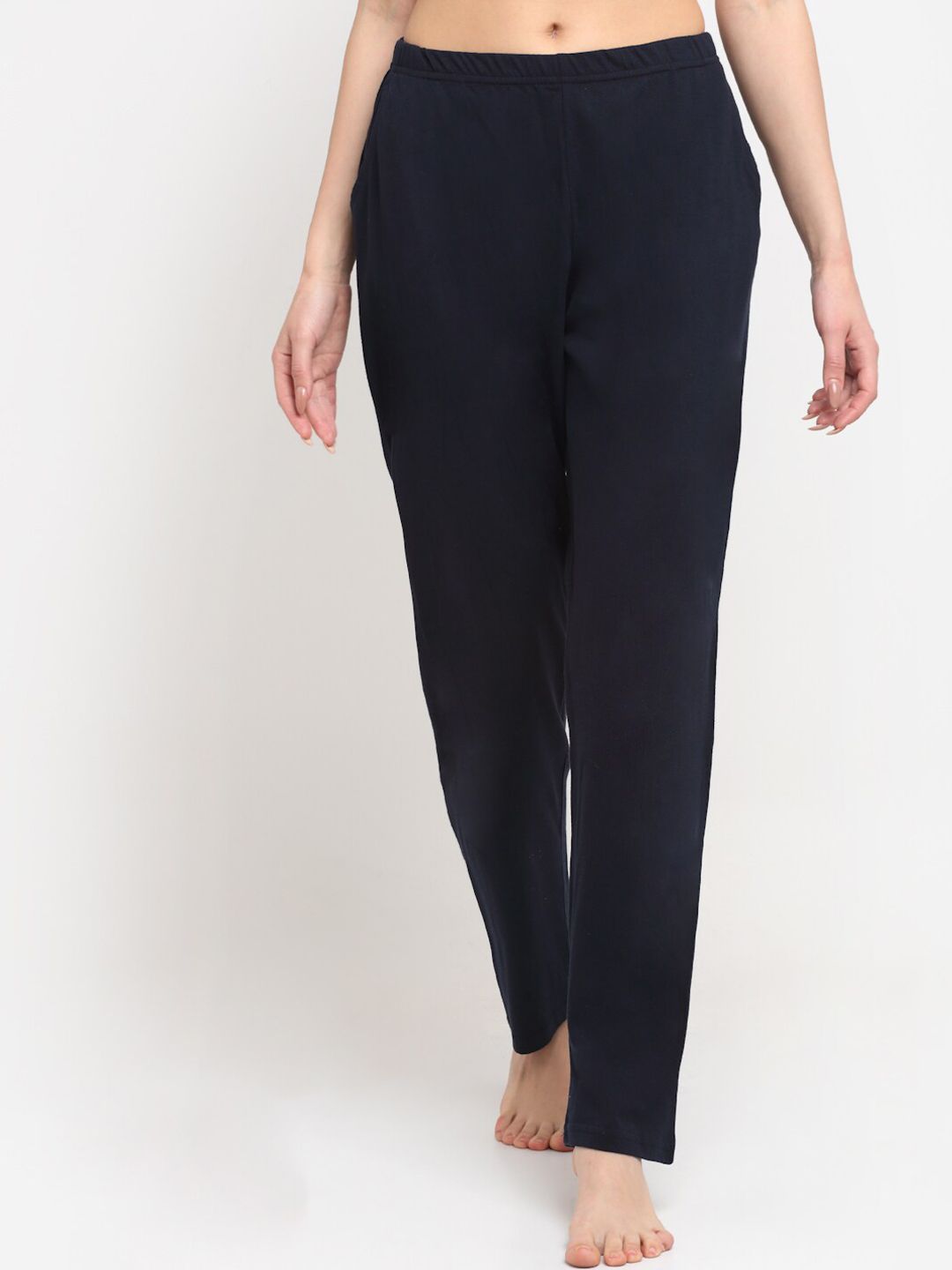 Kanvin Women Navy Blue Solid Cotton Lounge Pants Price in India