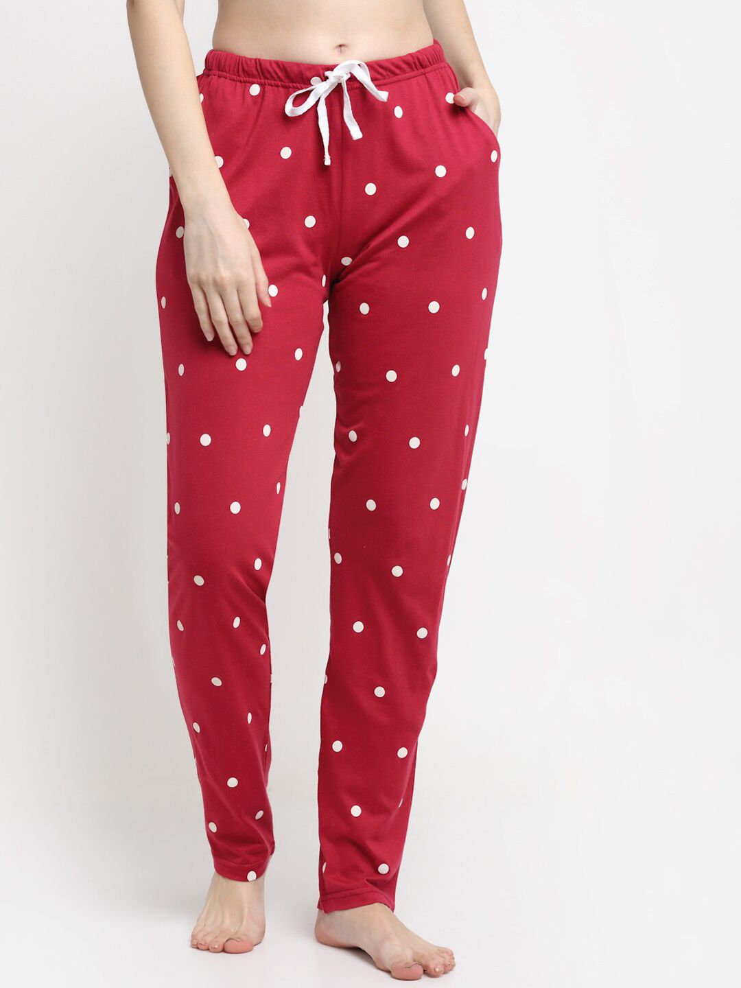 Kanvin Women Red Polka Dots Print Cotton Lounge Pants Price in India