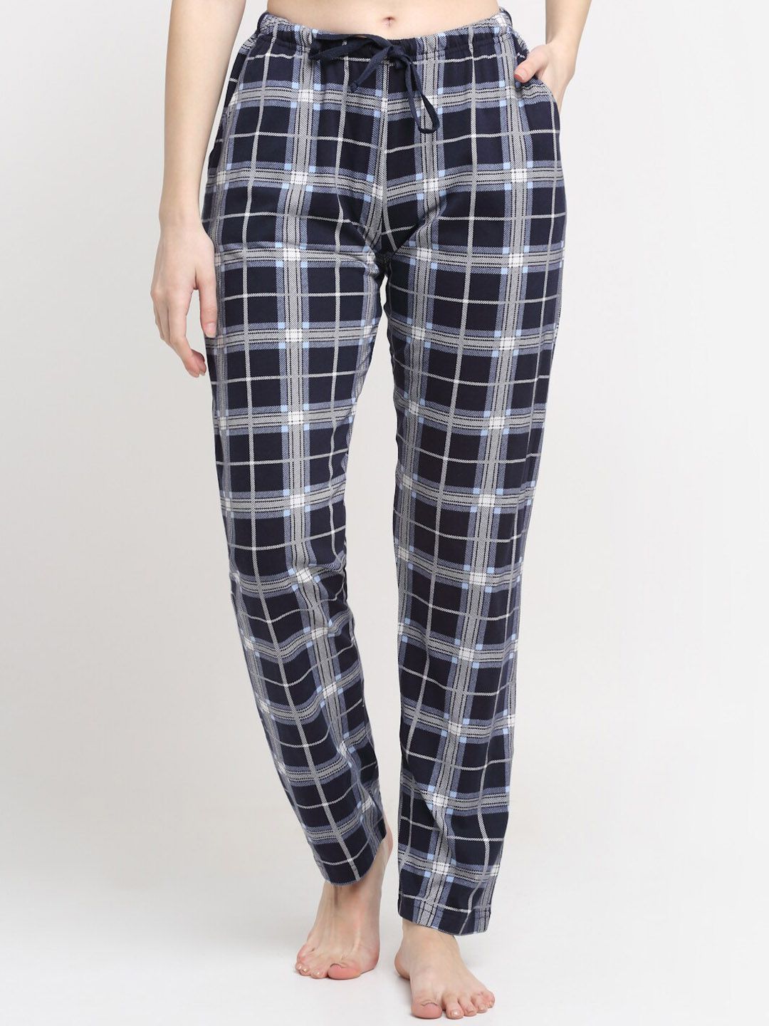 Kanvin Women Navy Blue Checked Cotton Lounge Pants Price in India