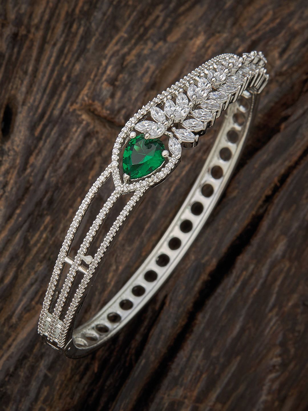 Kushal's Fashion Jewellery Women Silver-Toned & Green Rhodium-Plated Kada Bracelet Price in India