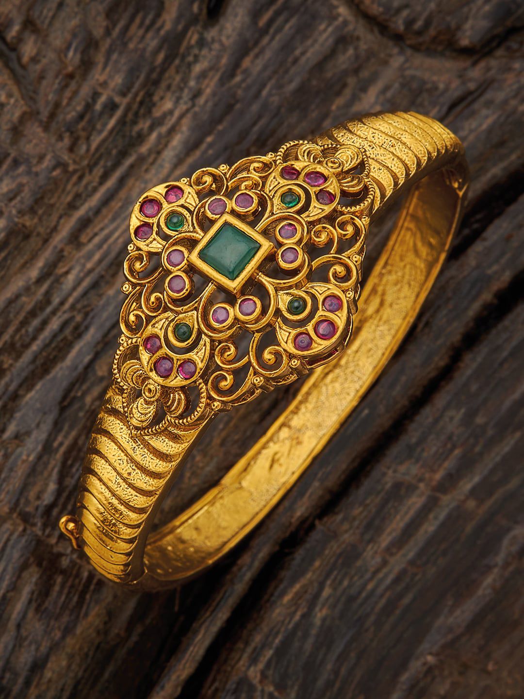 Kushal's Fashion Jewellery Women Red & Green Antique Gold-Plated Kada Bracelet Price in India