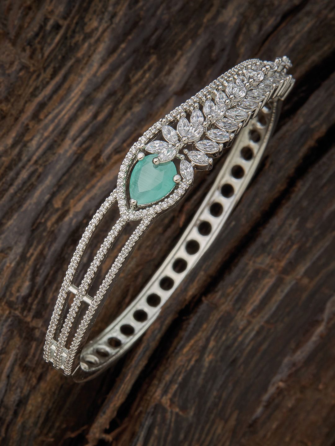 Kushal's Fashion Jewellery Women Silver-Toned & Sea Green Rhodium-Plated Kada Bracelet Price in India