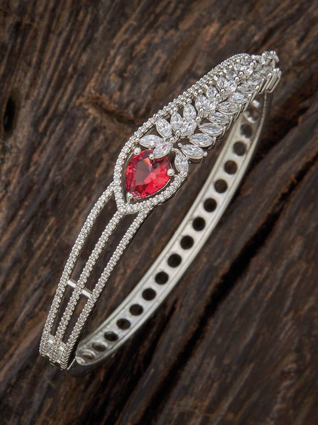 Kushal's Fashion Jewellery Women Silver-Toned & Red Rhodium-Plated Kada Bracelet Price in India