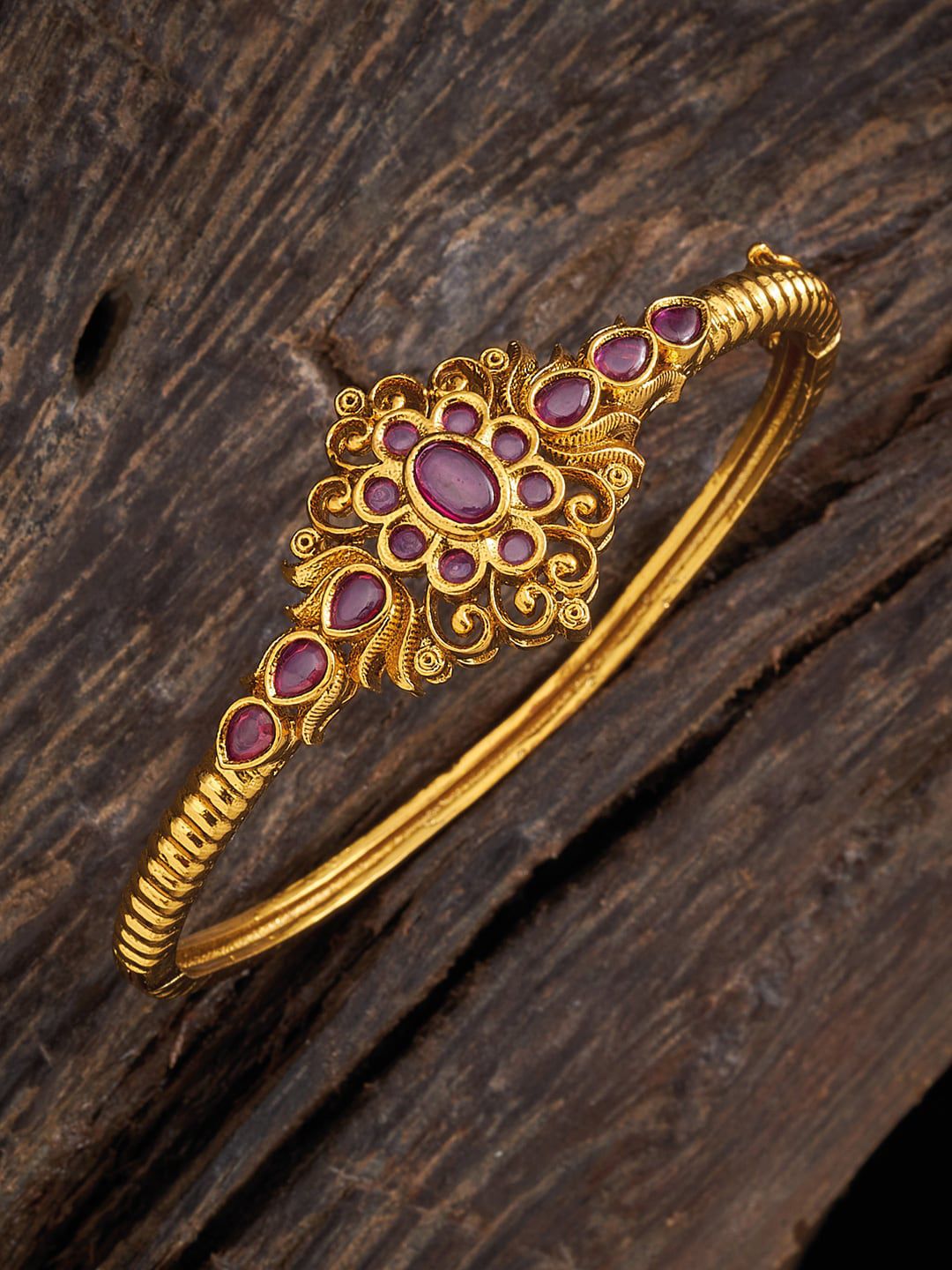 Kushal's Fashion Jewellery Women Gold-Toned & Red Antique Gold-Plated Kada Bracelet Price in India