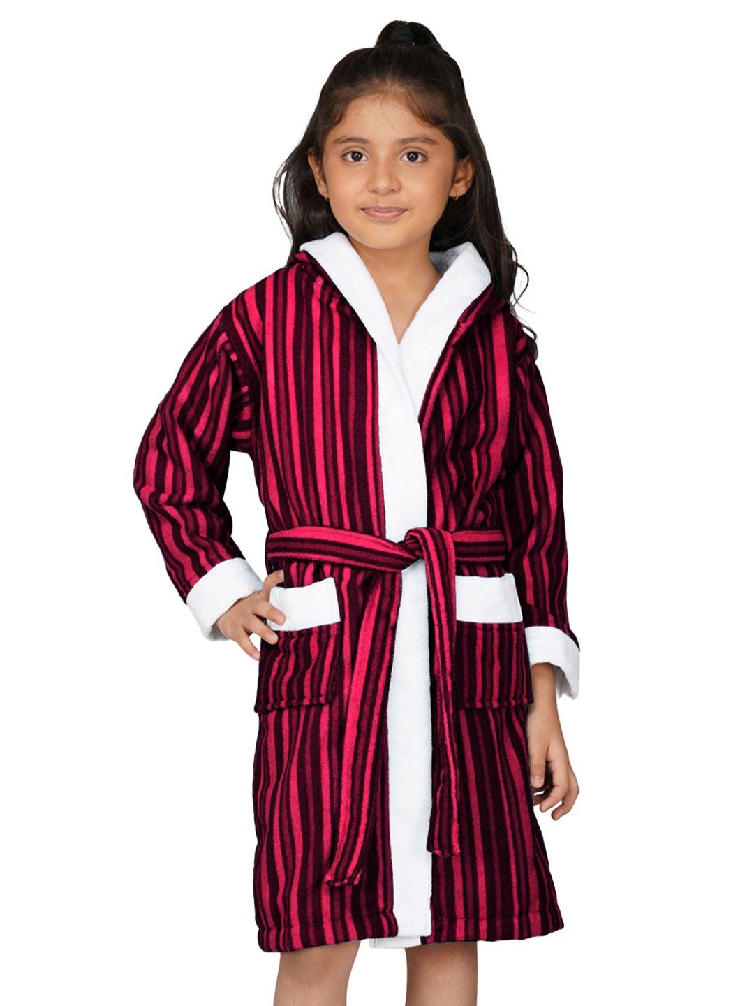 RANGOLI Unisex Kids Maroon Striped 400 GSM Pure Cotton Bath Robe