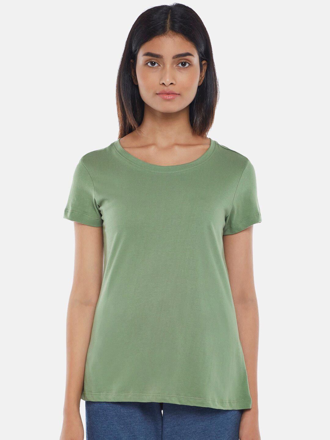 Dreamz by Pantaloons Women Olive Green Solid Pure Cotton Lounge T-shirt Price in India