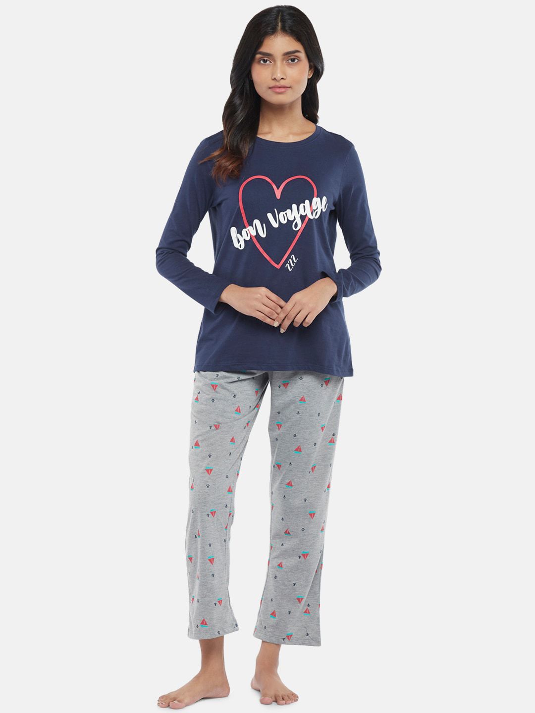 Dreamz by Pantaloons Women Navy Blue & Grey Printed Cotton Night suit Price in India