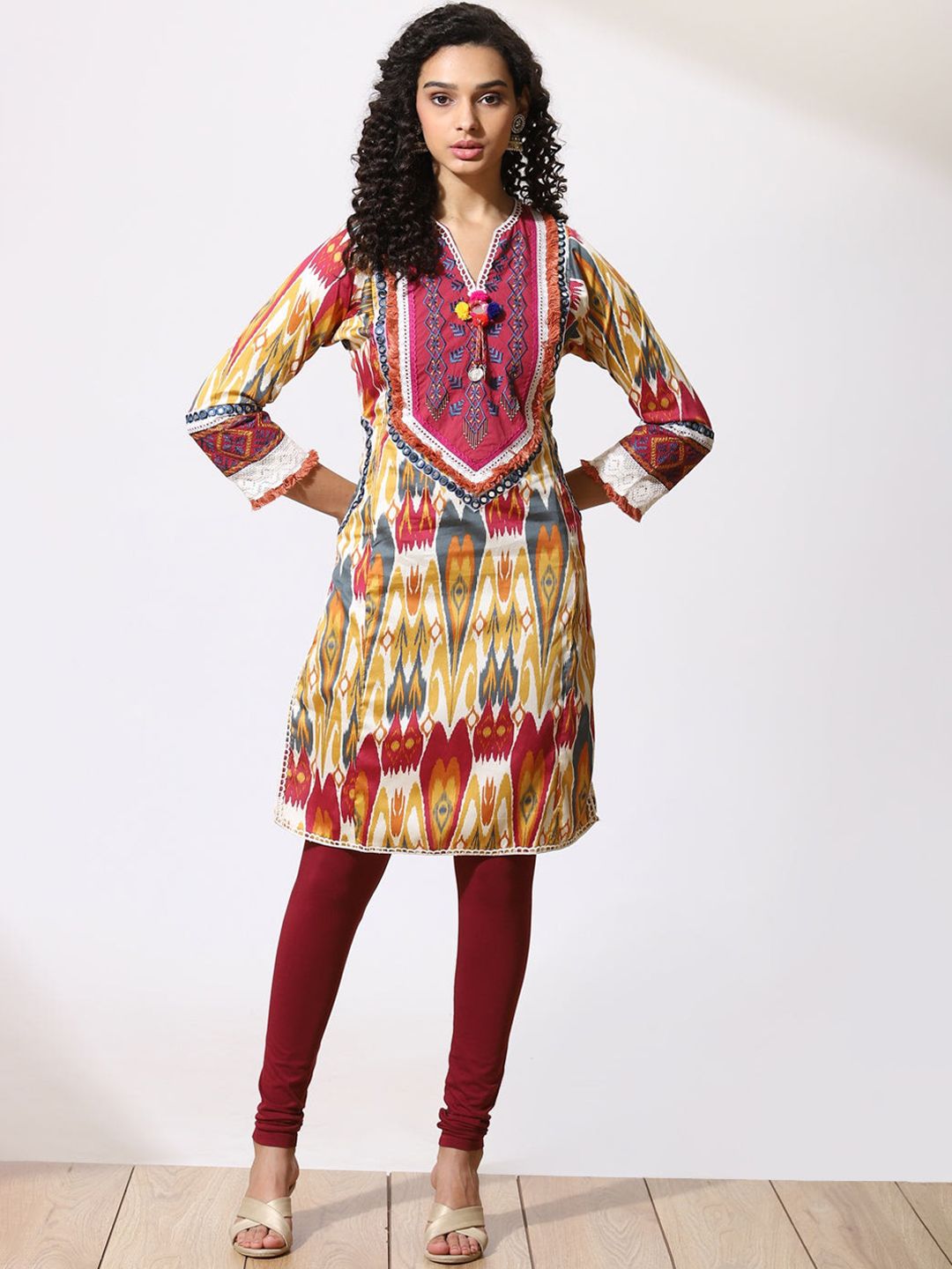 Lakshita Women Mustard Yellow Printed Thread Work Kurta Price in India