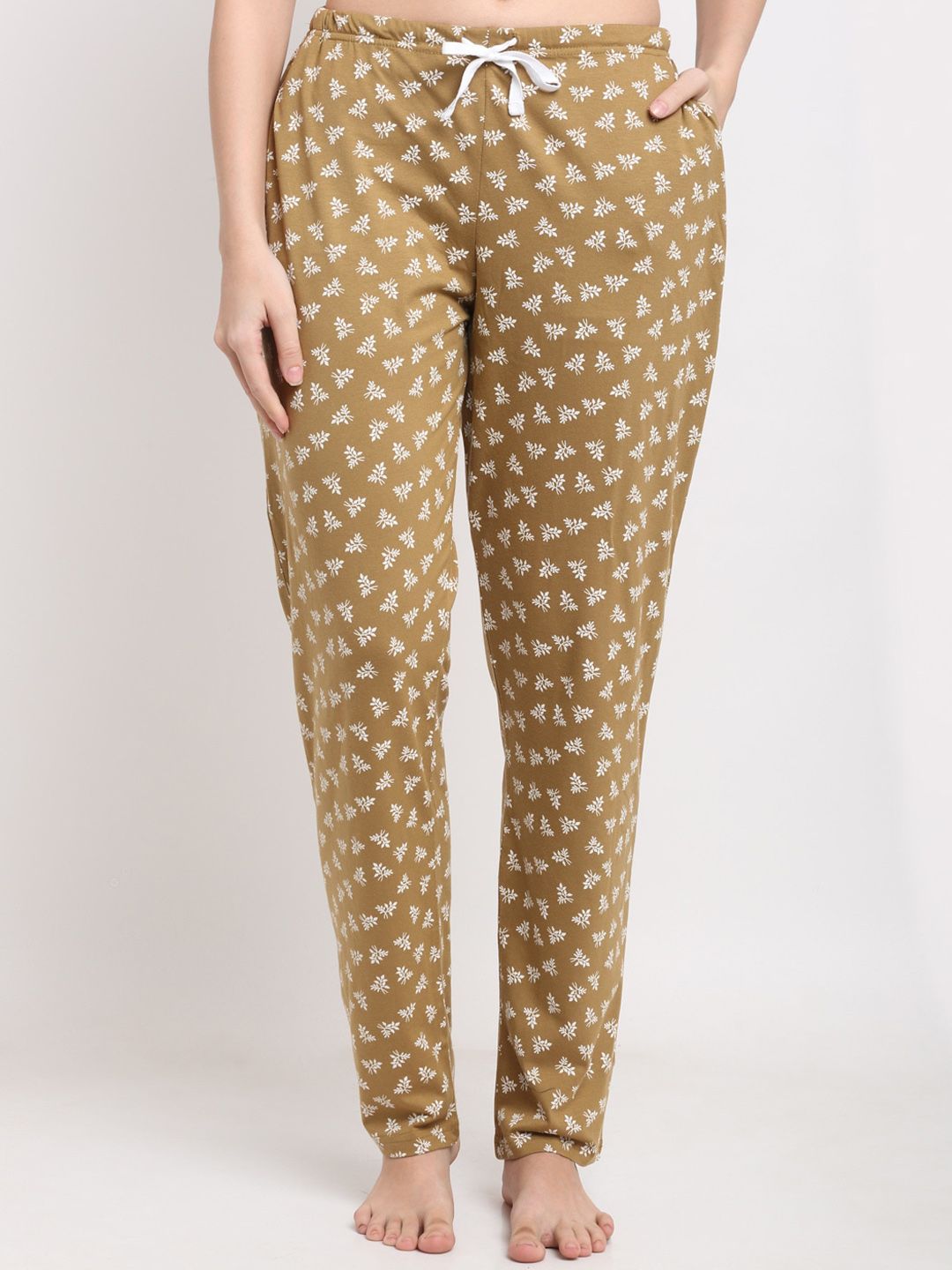 Kanvin Women Mustard Yellow Printed Cotton Lounge Pants Price in India