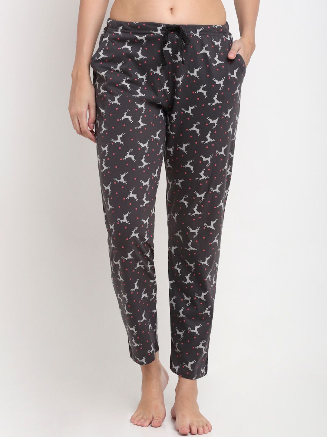 Kanvin Women Charcoal Grey Abstract Print Cotton Lounge Pants Price in India