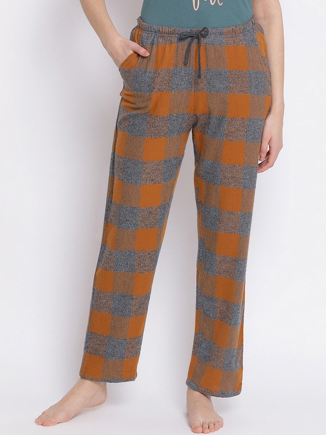 Kanvin Women Orange & Grey Checked Pure Cotton Lounge Pants Price in India