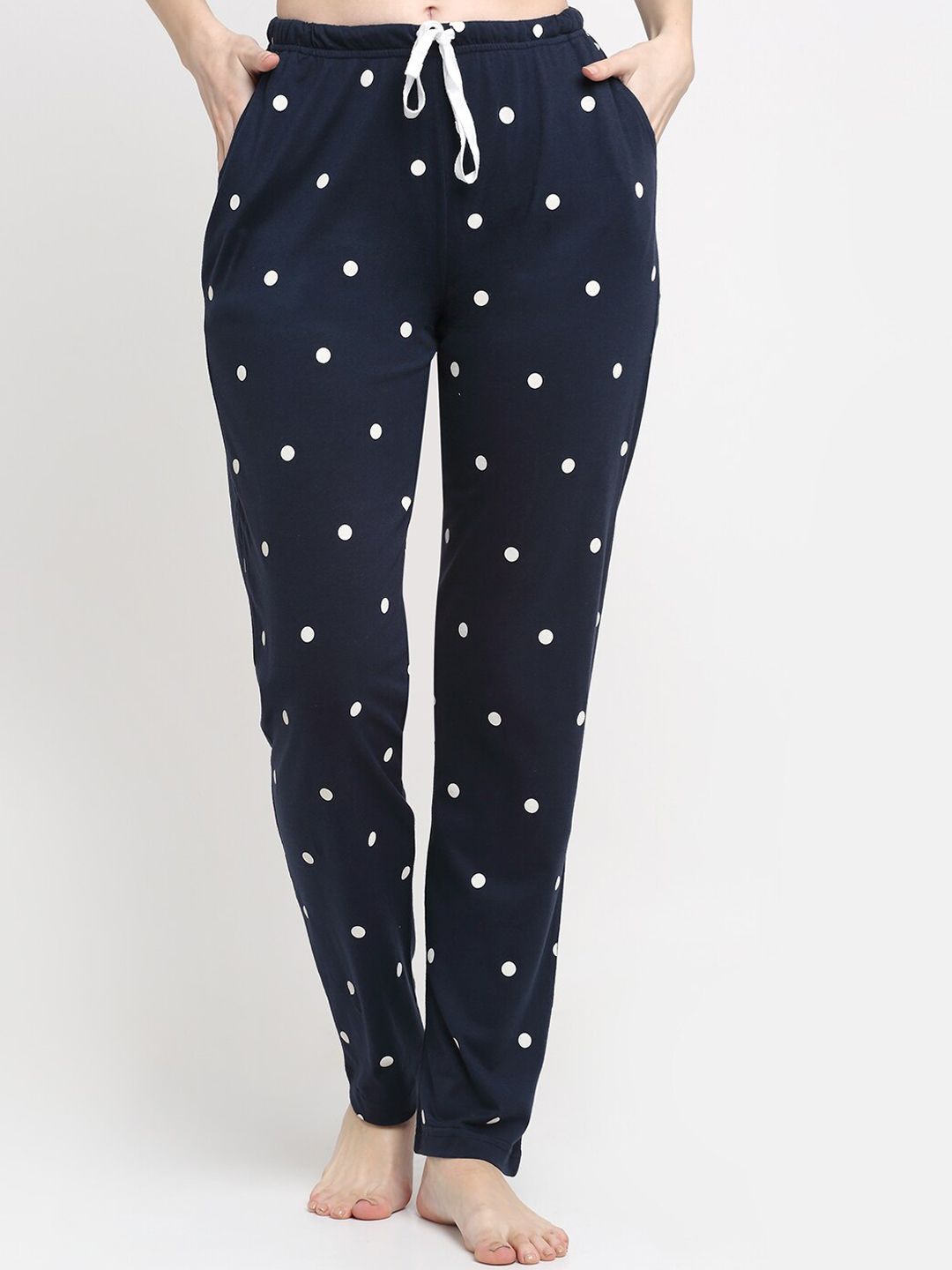 Kanvin Women Navy Blue Polka Dots Printed Cotton Lounge Pants Price in India