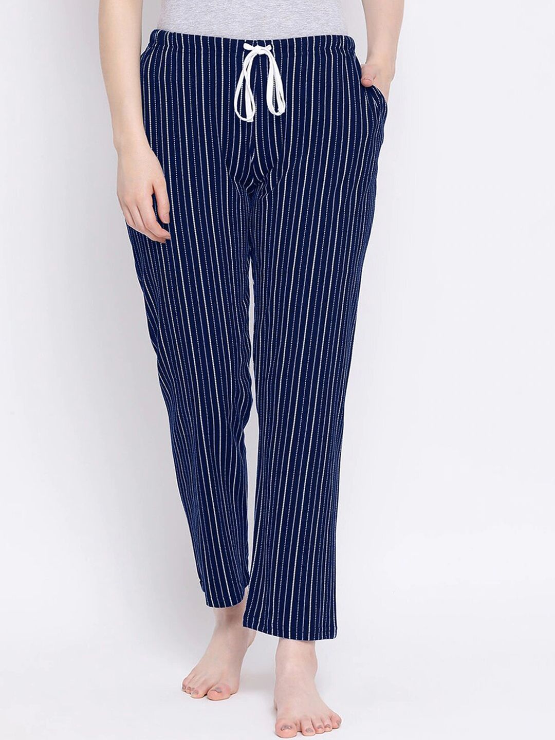 Kanvin Women Navy Blue Striped Cotton Lounge Pants Price in India