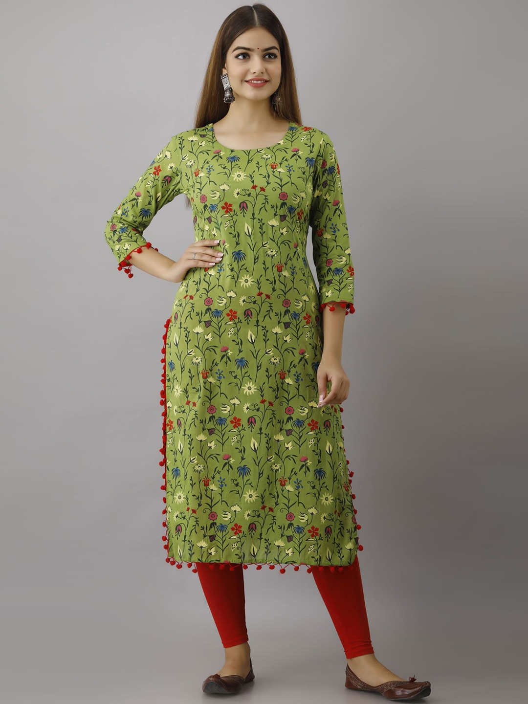 KIMAYRA Women Green Floral Printed Flared Sleeves Mirror Work Kurta Price in India