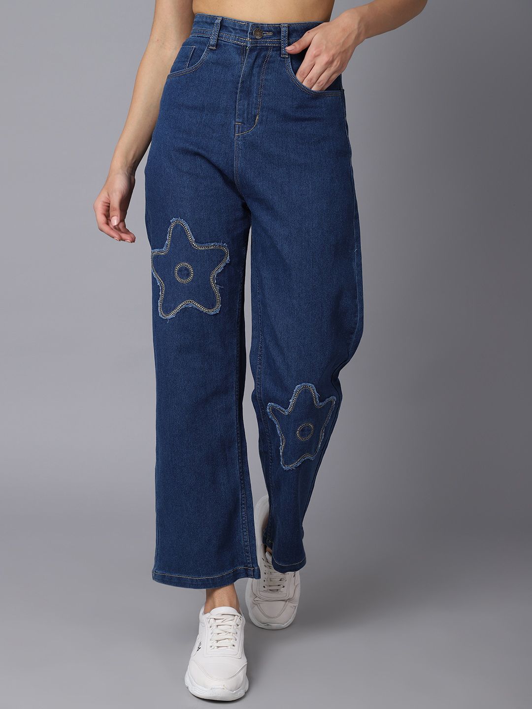 River Of Design Jeans Women Blue Wide Leg High-Rise Low Distress Jeans Price in India