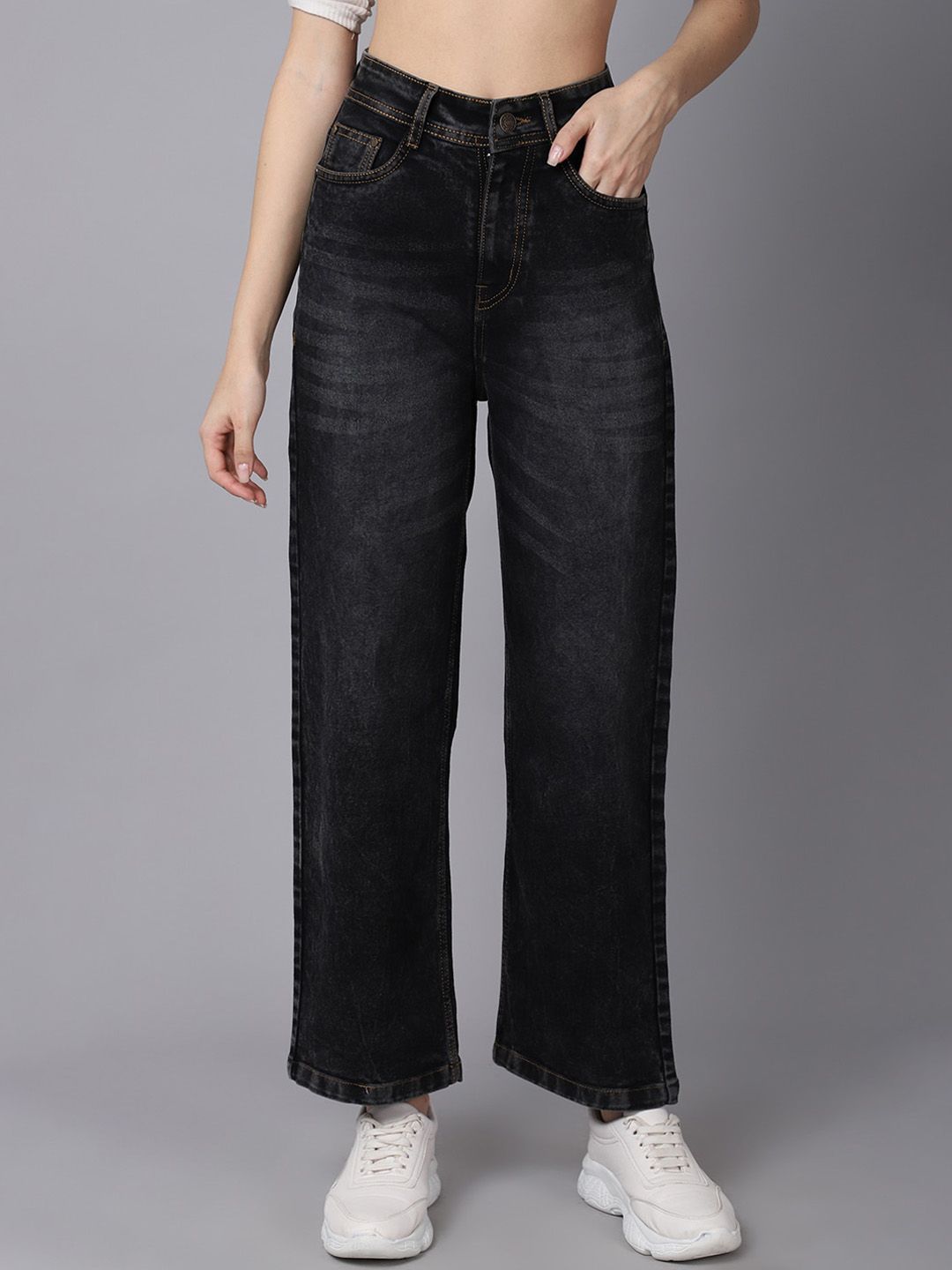River Of Design Jeans Women Charcoal Wide Leg High-Rise Highly Distressed Heavy Fade Jeans Price in India