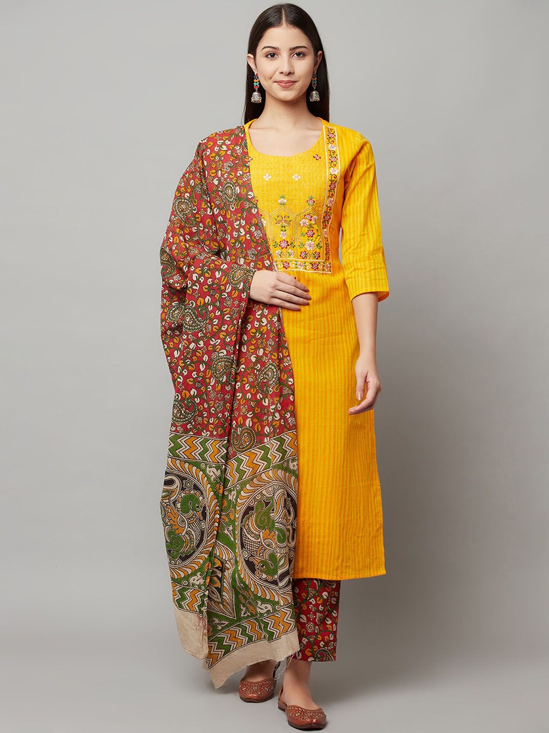 FLAVIDO Women Yellow Yoke Design High Slit Pure Cotton Kurti with Trousers & With Dupatta Price in India