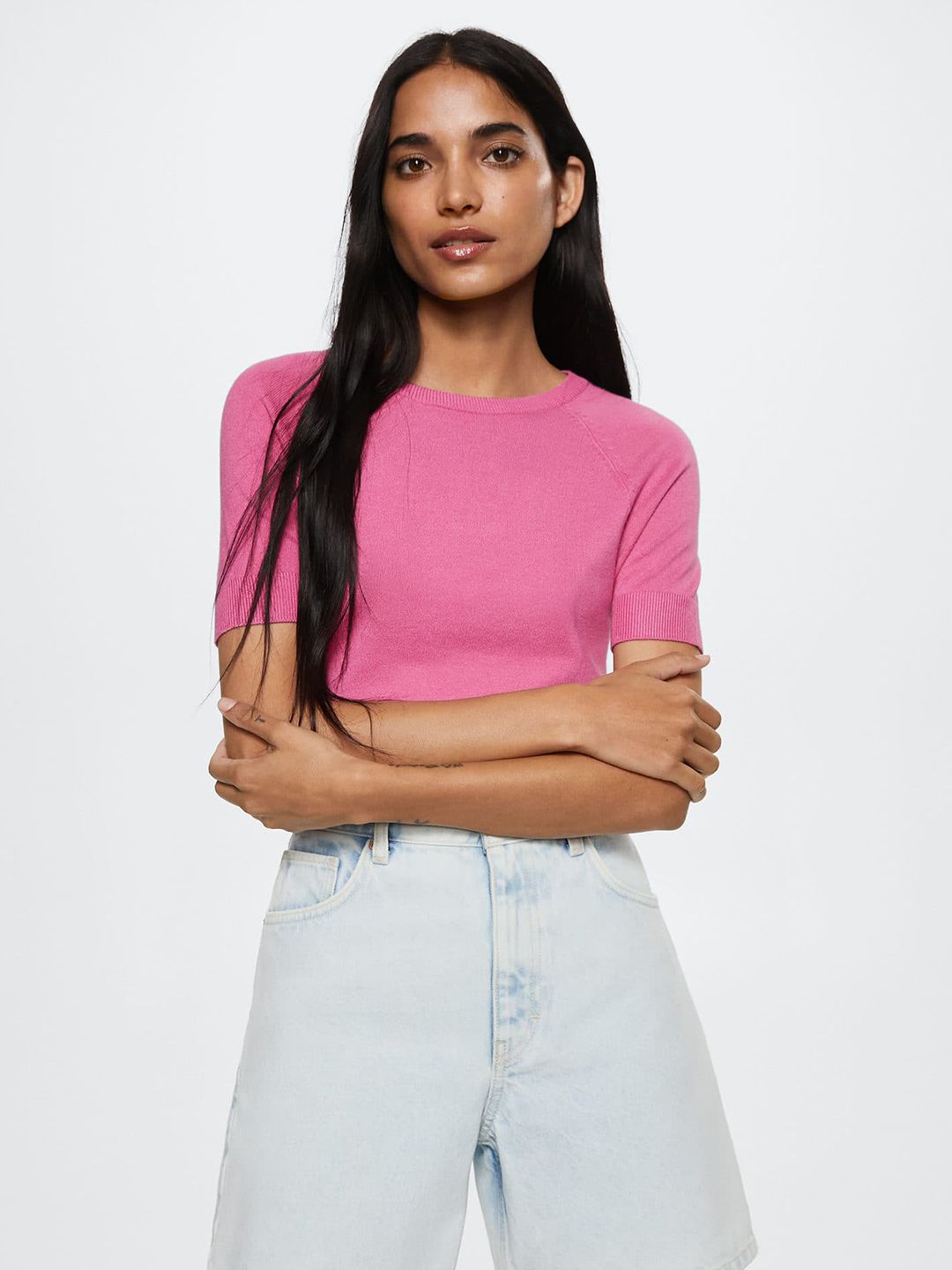 MANGO Women Pink Solid Top Price in India
