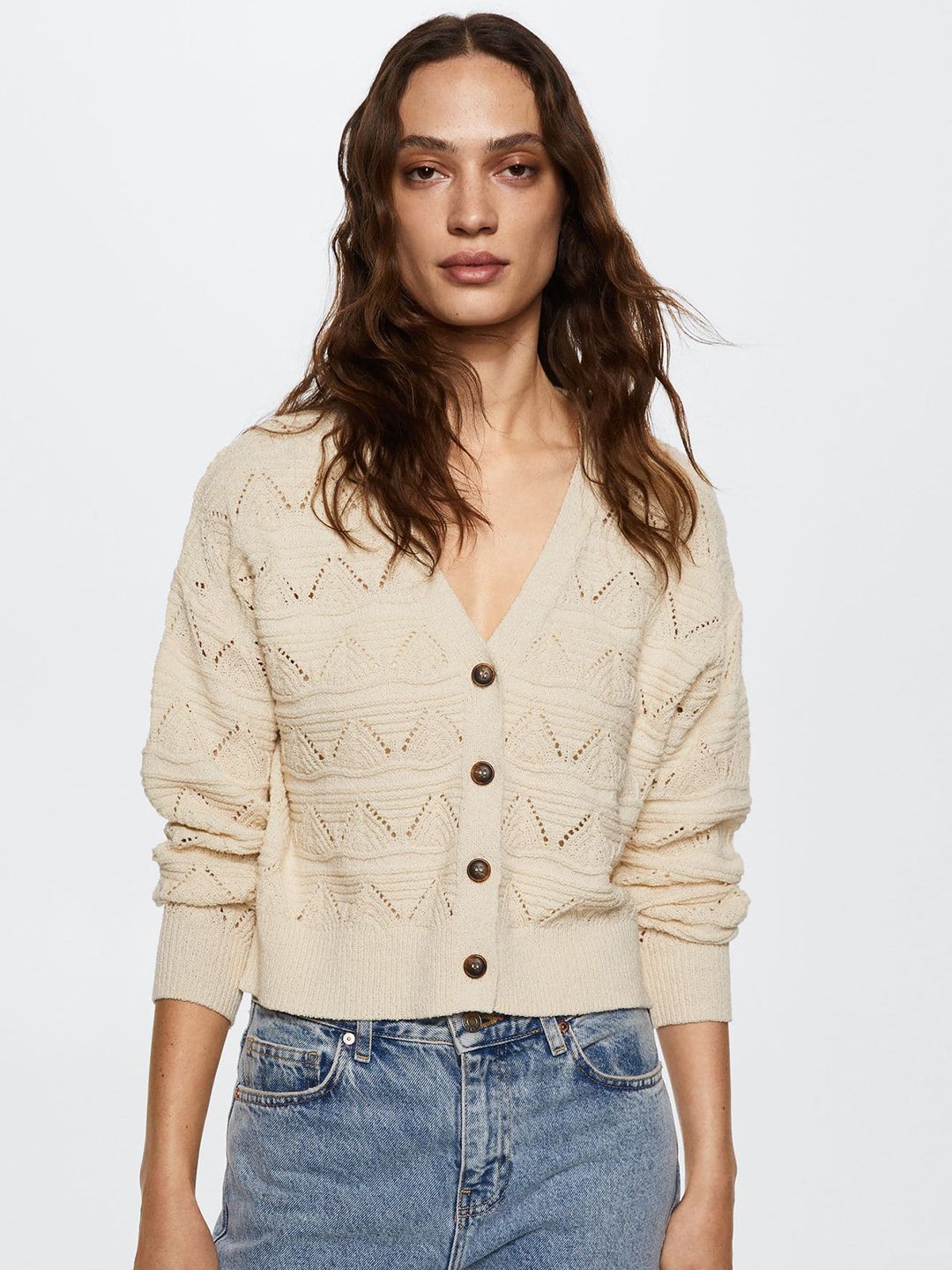 MANGO Women Cream-Coloured Openwork Knit Cardigan Price in India