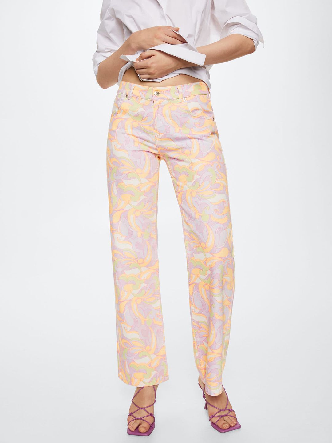 MANGO Women Lavender & White Printed Wide Leg Low-Rise Pure Cotton Printed Jeans Price in India