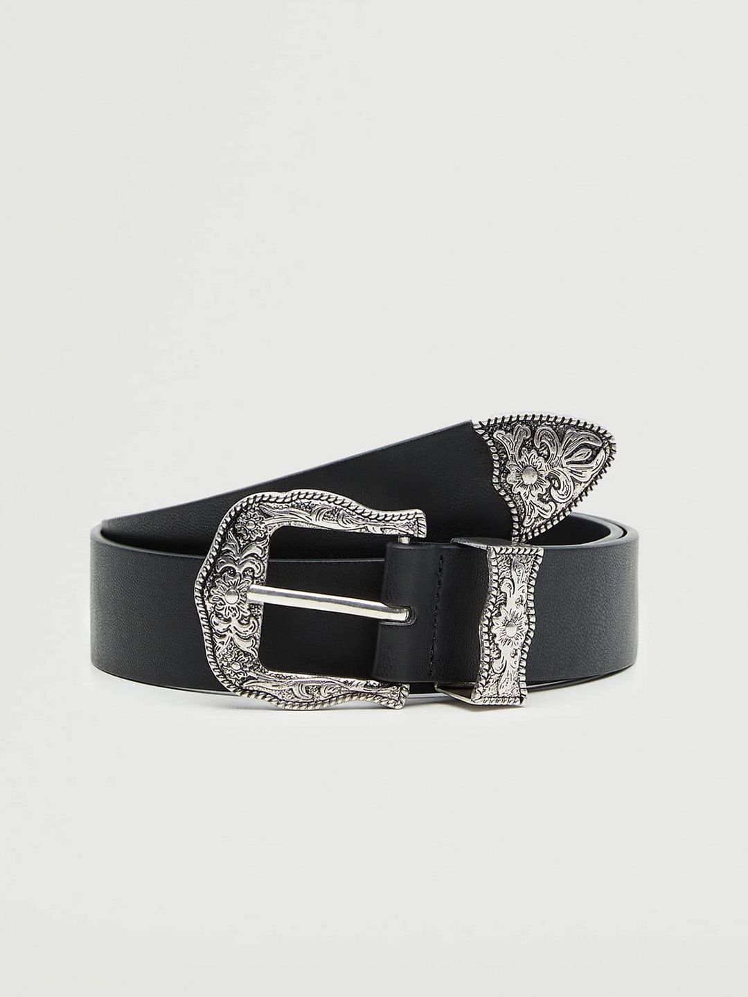 MANGO Women Black & Silver-Toned Solid Belt Price in India