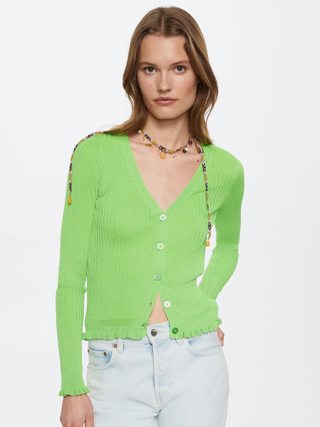 MANGO Women Green Solid Ribbed Knitted Cardigan Price in India