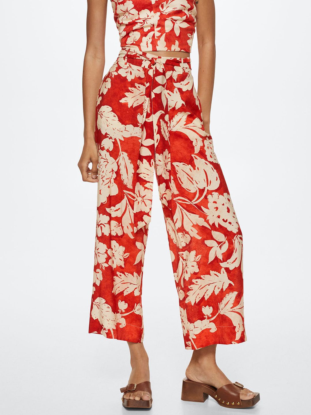 MANGO Women Red & Cream Floral Printed High-Rise Pleated Culottes Trousers Price in India