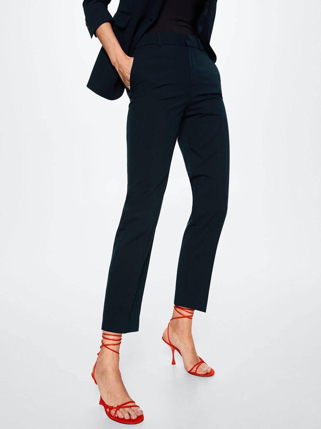 MANGO Women Navy Blue Solid Trousers Price in India