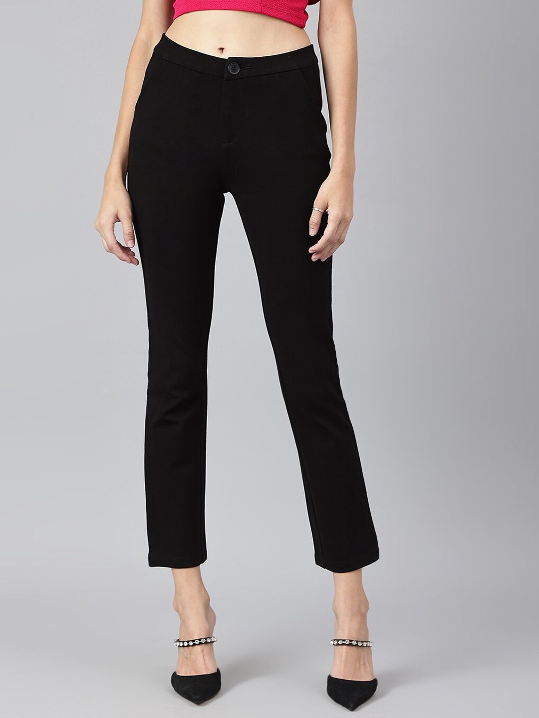 Xpose Women Black Comfort Straight Fit High-Rise Trousers Price in India