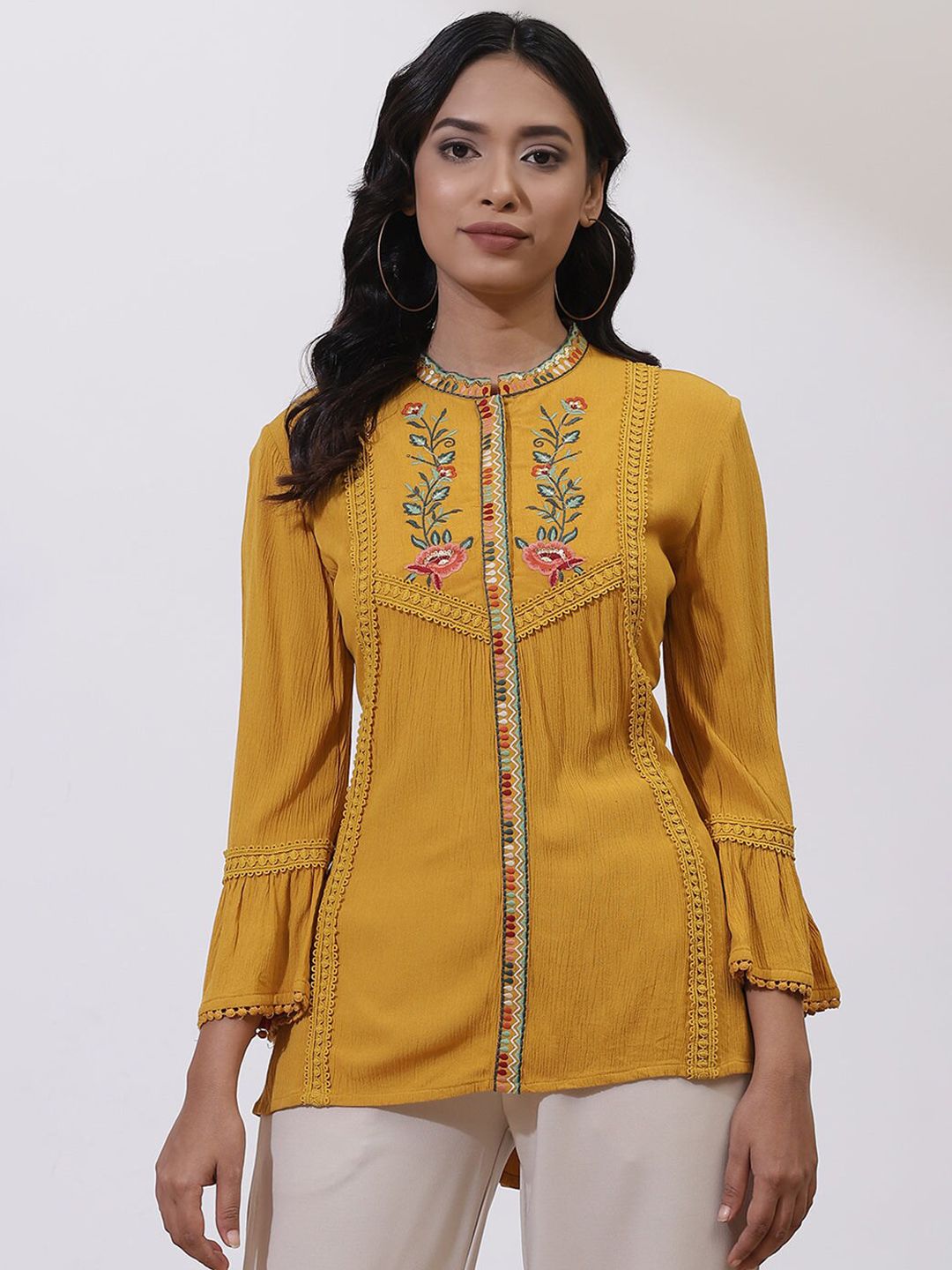 Lakshita Plus Size Yellow & Green Embroidered Kurti Price in India