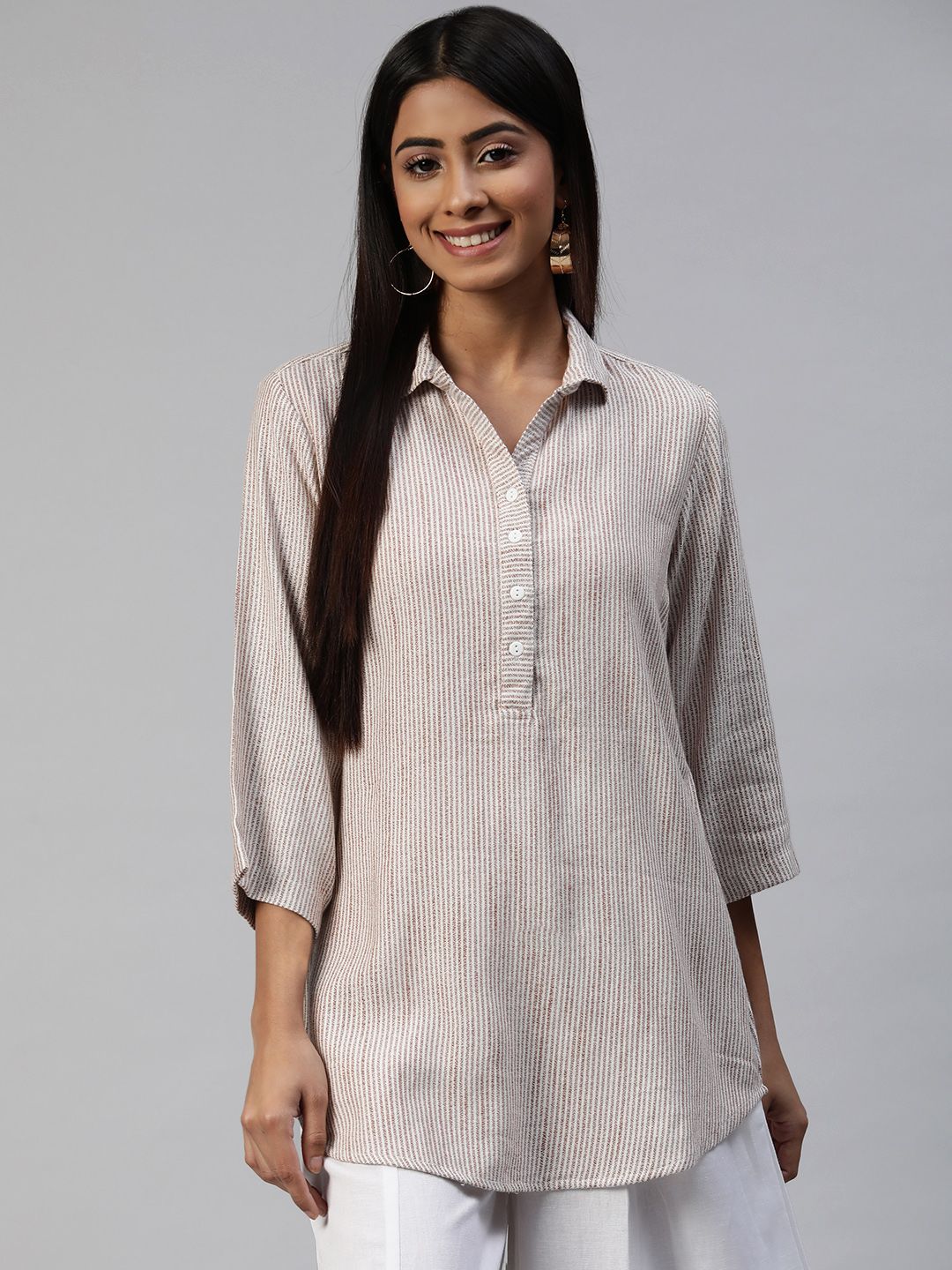 Ayaany Cream-Coloured Striped Shirt Style Cotton Longline Top