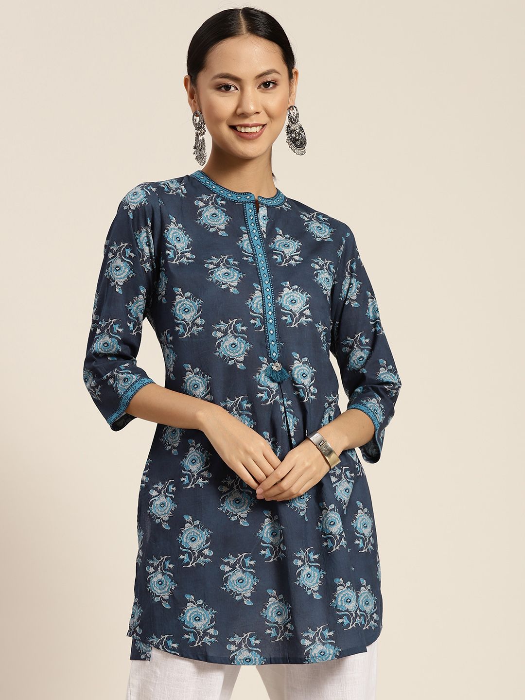 Rain & Rainbow Navy Blue Ethnic Motifs Printed Pure Cotton Kurti