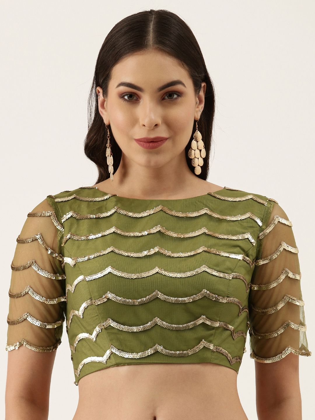panchhi Women Olive Green Sequinned Net Blouse Price in India