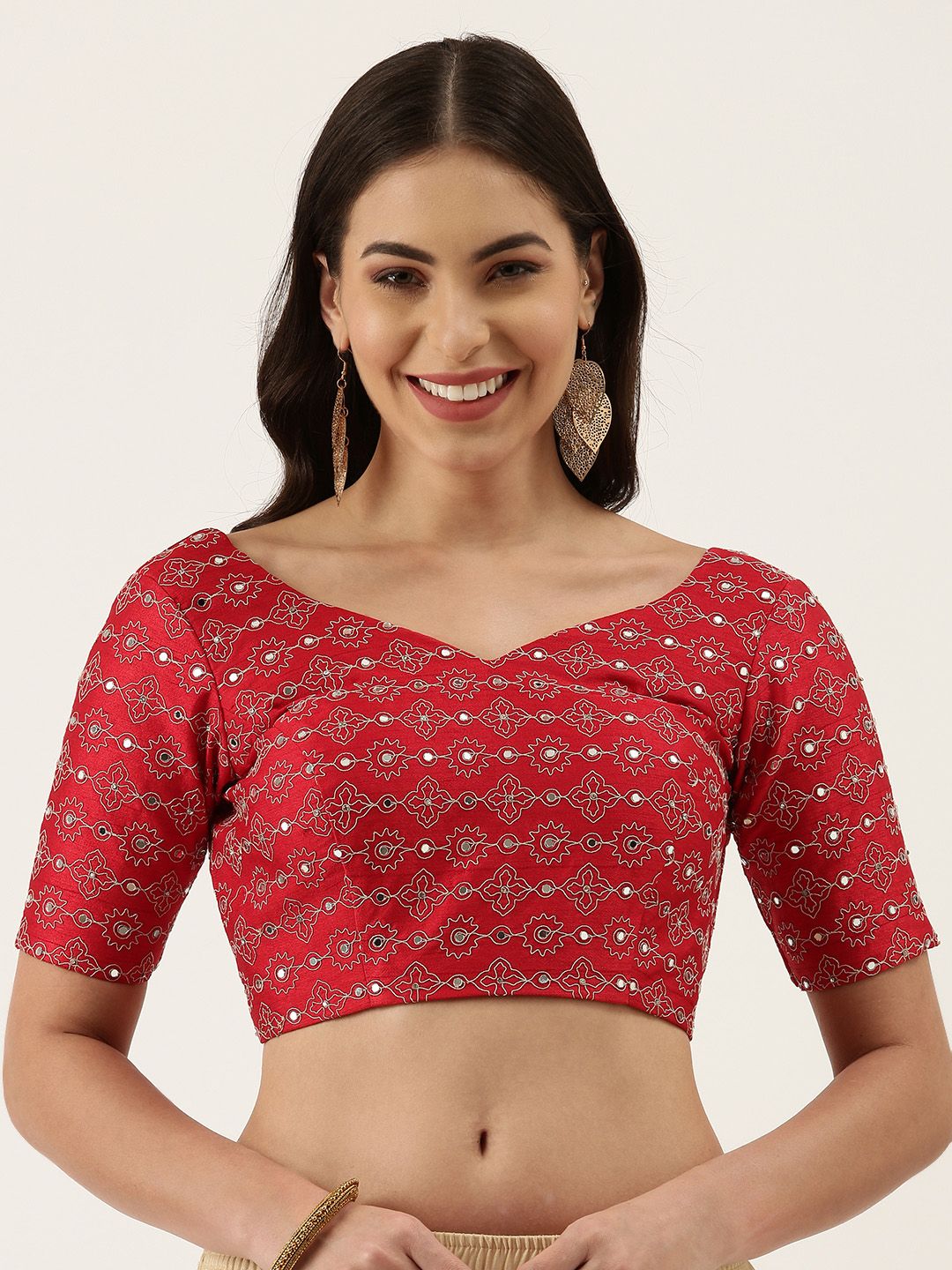 panchhi Red Embroidered Mirror Work Pure Silk Blouse Price in India