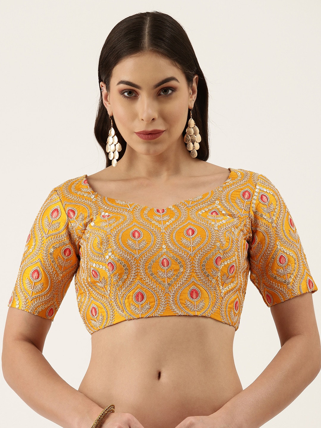 panchhi Women Mustard Yellow Embroidered Sequinned Silk Blouse Price in India