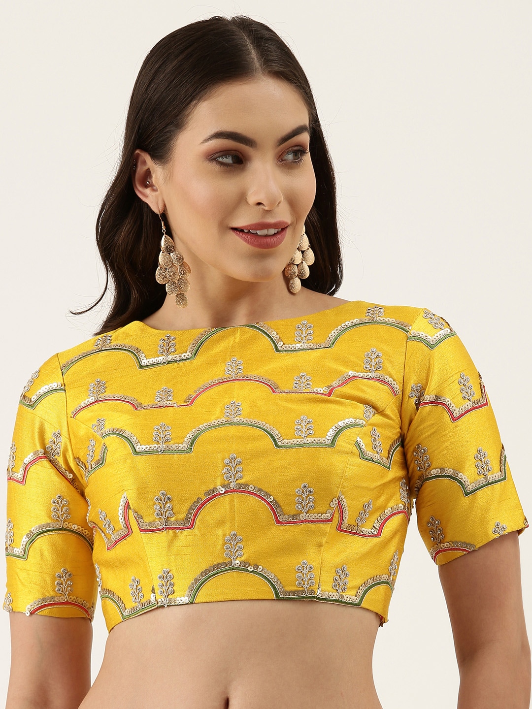 panchhi Women Mustard Yellow Embellished Sequinned Silk Blouse Price in India