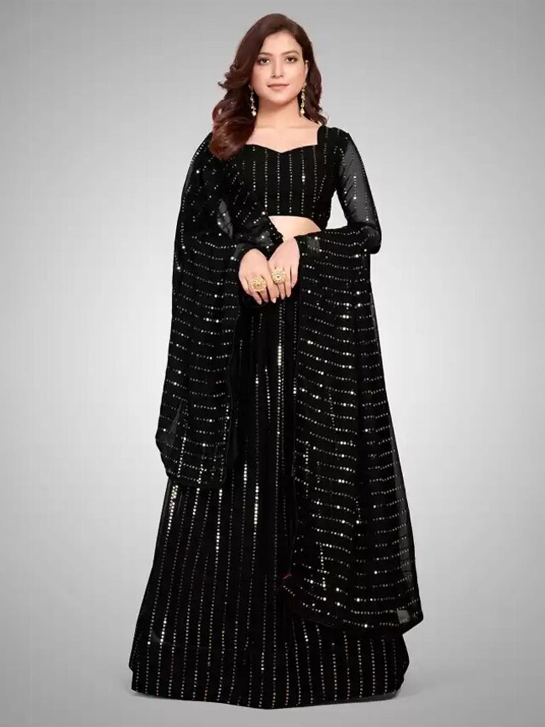 Fashion Basket Black Embroidered Sequinned Semi-Stitched Lehenga & Unstitched Blouse With Dupatta Price in India