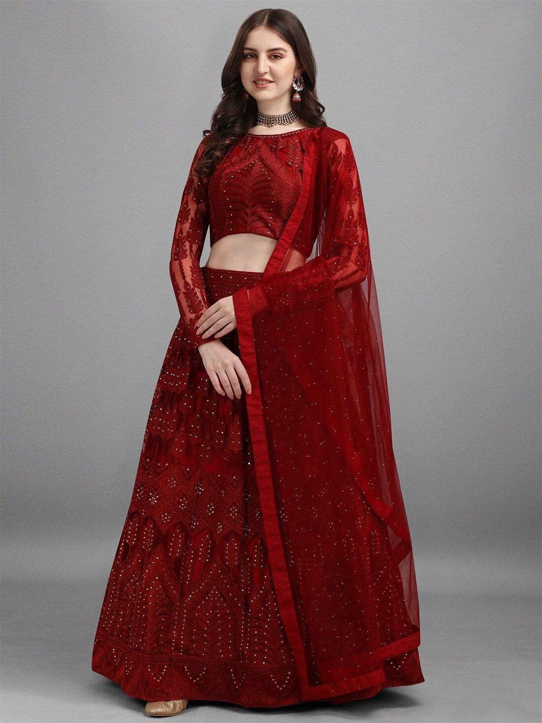 Fashion Basket Red Embroidered Patchwork Semi-Stitched Lehenga & Unstitched Blouse With Dupatta Price in India