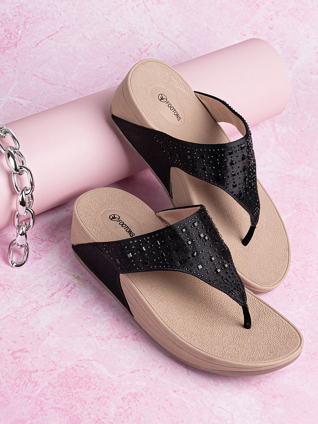 FOOTONS Black Embellished Comfort Sandals with Laser Cuts Price in India