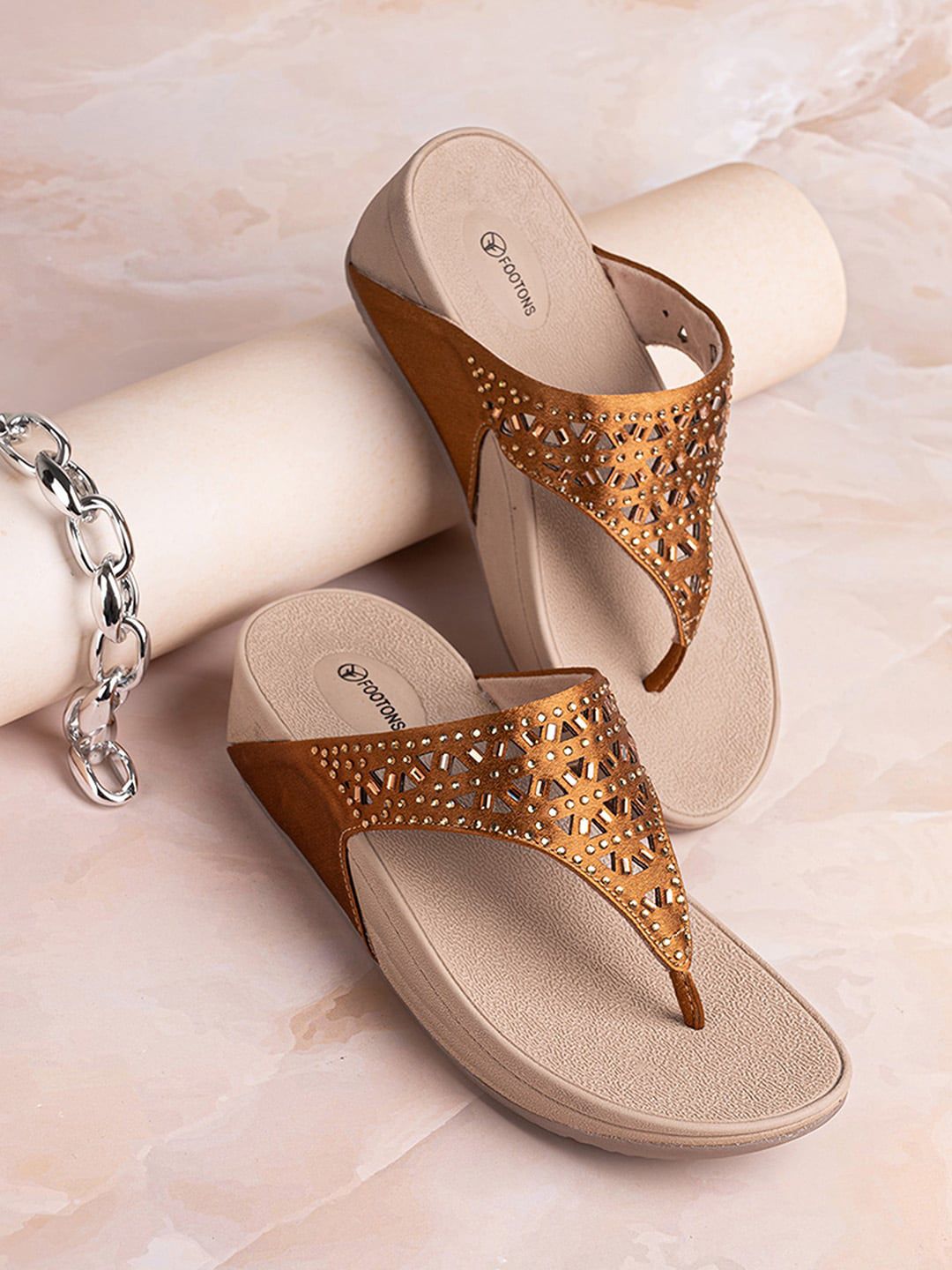 FOOTONS Copper-Toned Embellished Wedge Pumps Price in India