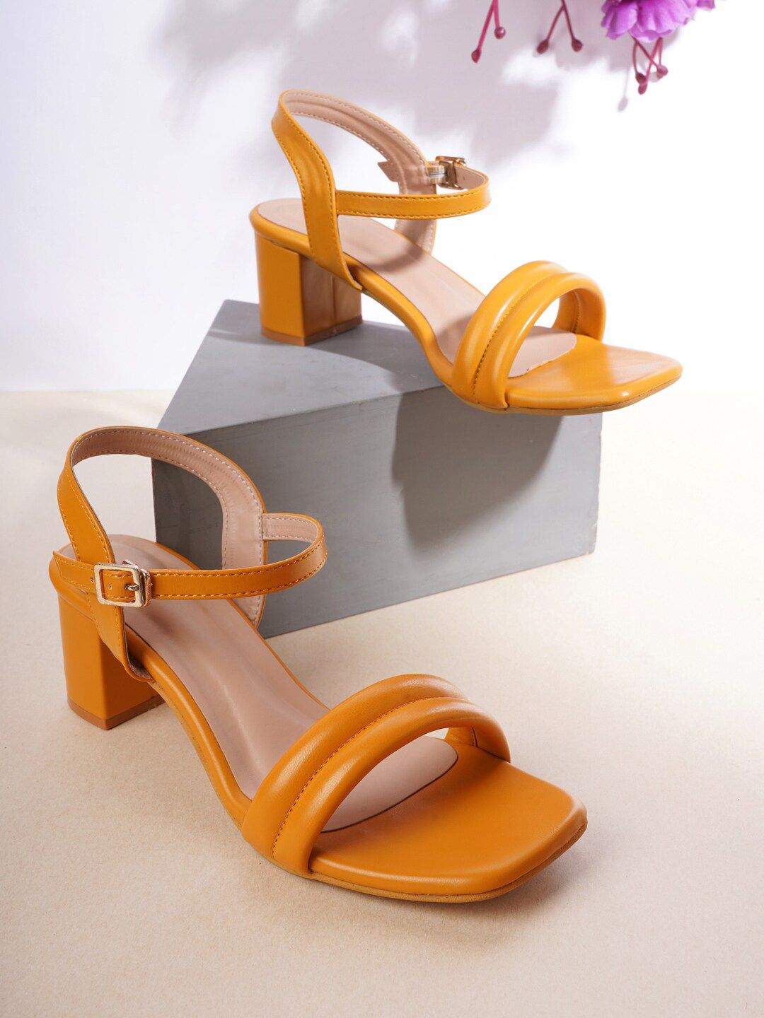 Cogner Yellow Colourblocked Party Block Sandals with Buckles Price in India