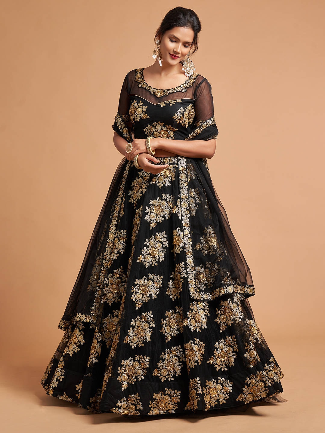 FABPIXEL Black & Gold-Toned Embroidered Sequinned Kalamkari Semi-Stitched Lehenga & Unstitched Blouse With Price in India