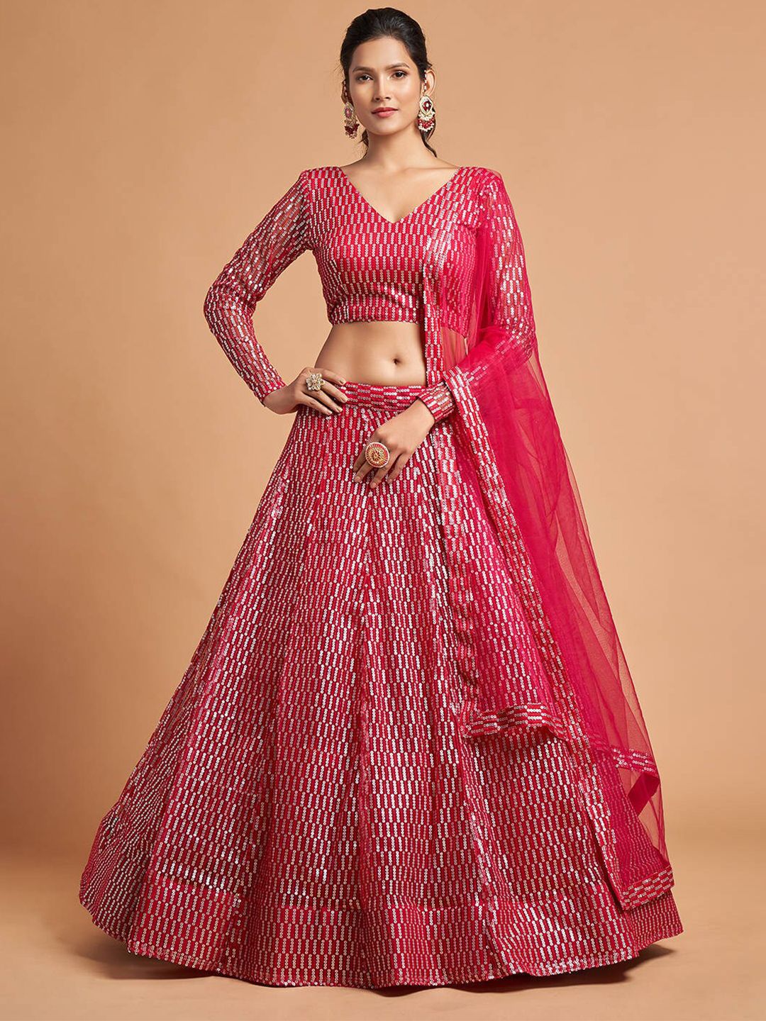 FABPIXEL Pink & Silver-Toned Embroidered Sequinned Kalamkari Semi-Stitched Lehenga & Unstitched Blouse With Price in India